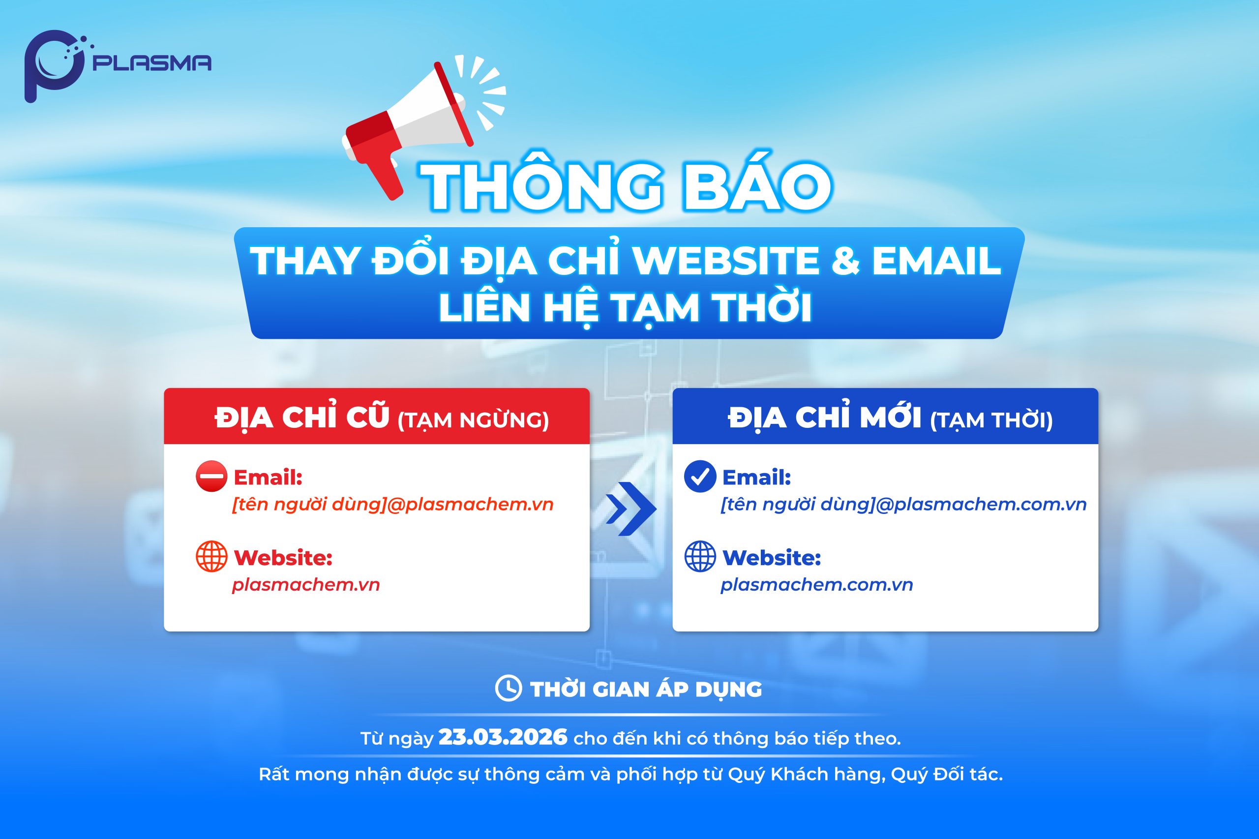 Thông báo thay đổi địa chỉ website và email liên hệ tạm thời.