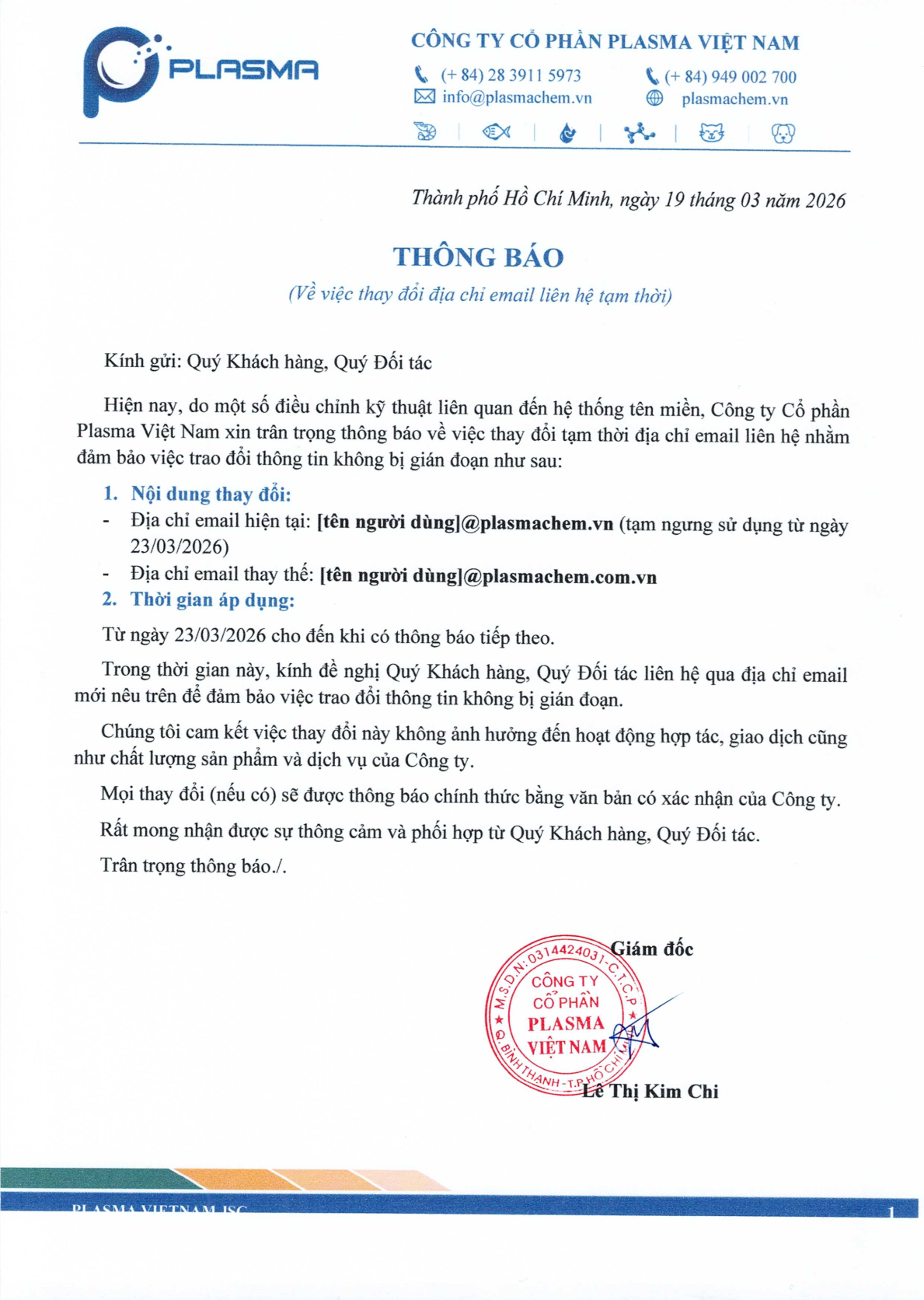 Văn bản thông báo chính thức từ công ty Plasma.