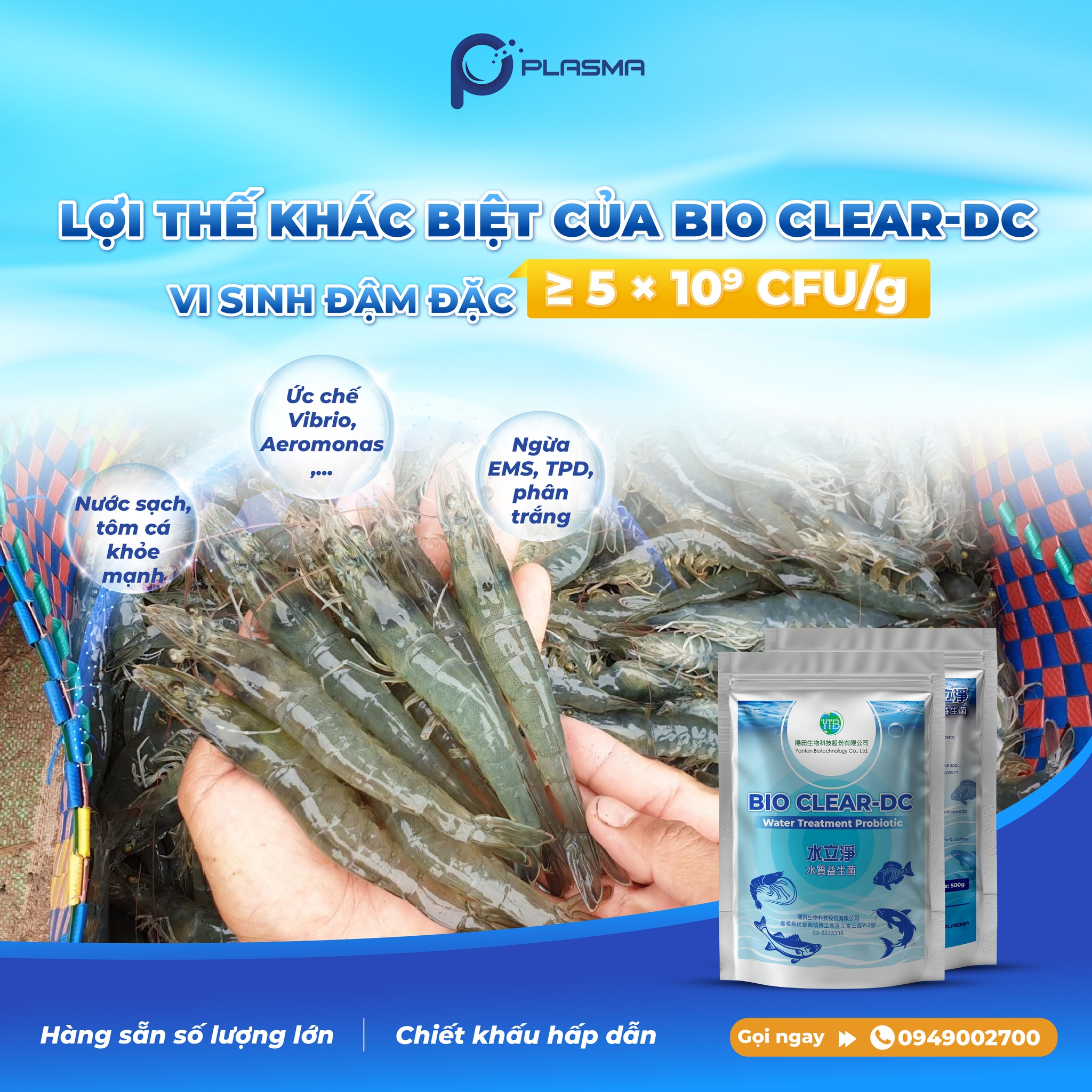 Bio Clear DC chứa hàm lượng vi sinh đậm đặc giúp kiểm soát mần bệnh nước ao nuôi hiệu quả.