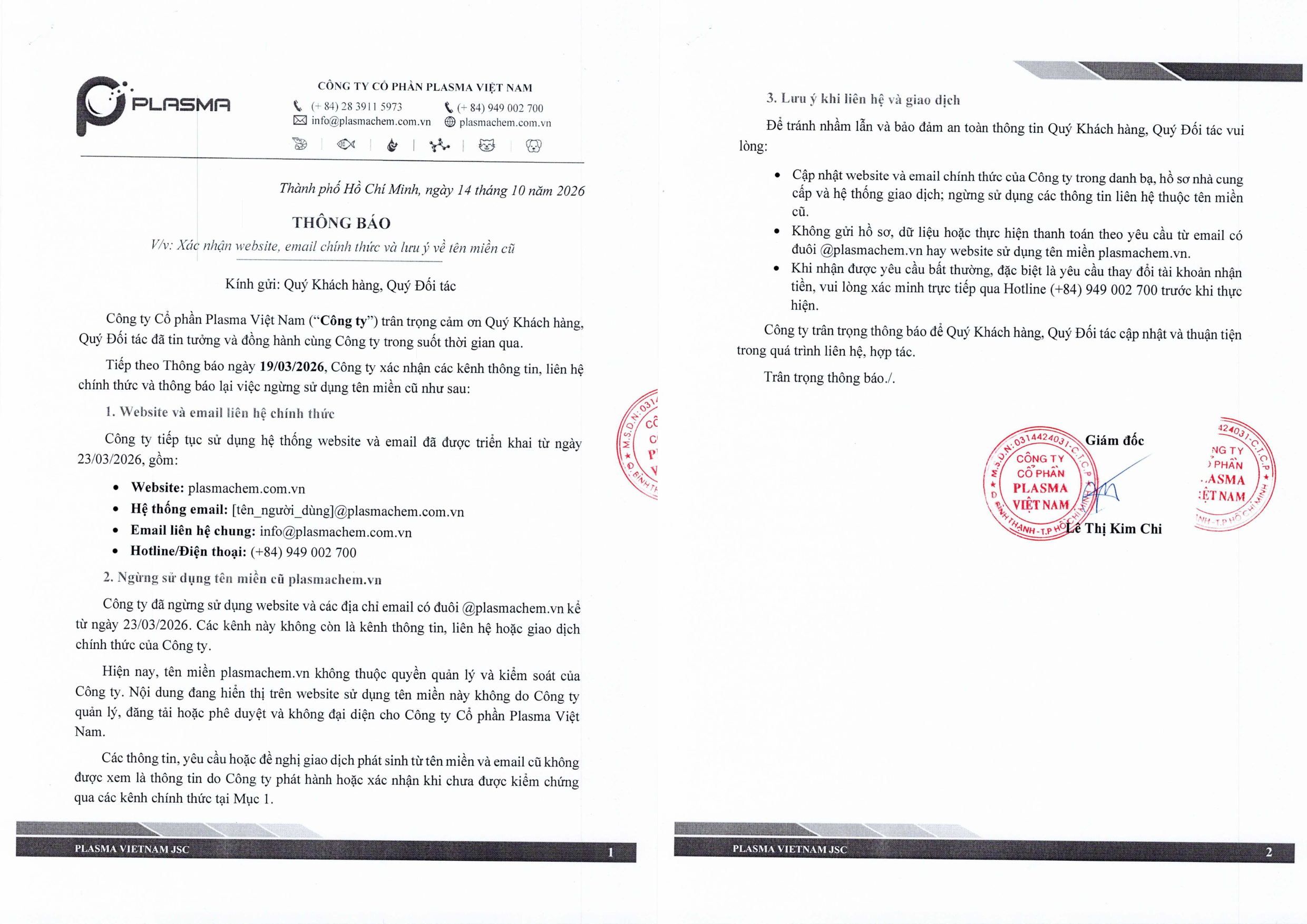 Thông báo website, email và tên miền chính thức Plasma Việt Nam (bản tiếng Việt).